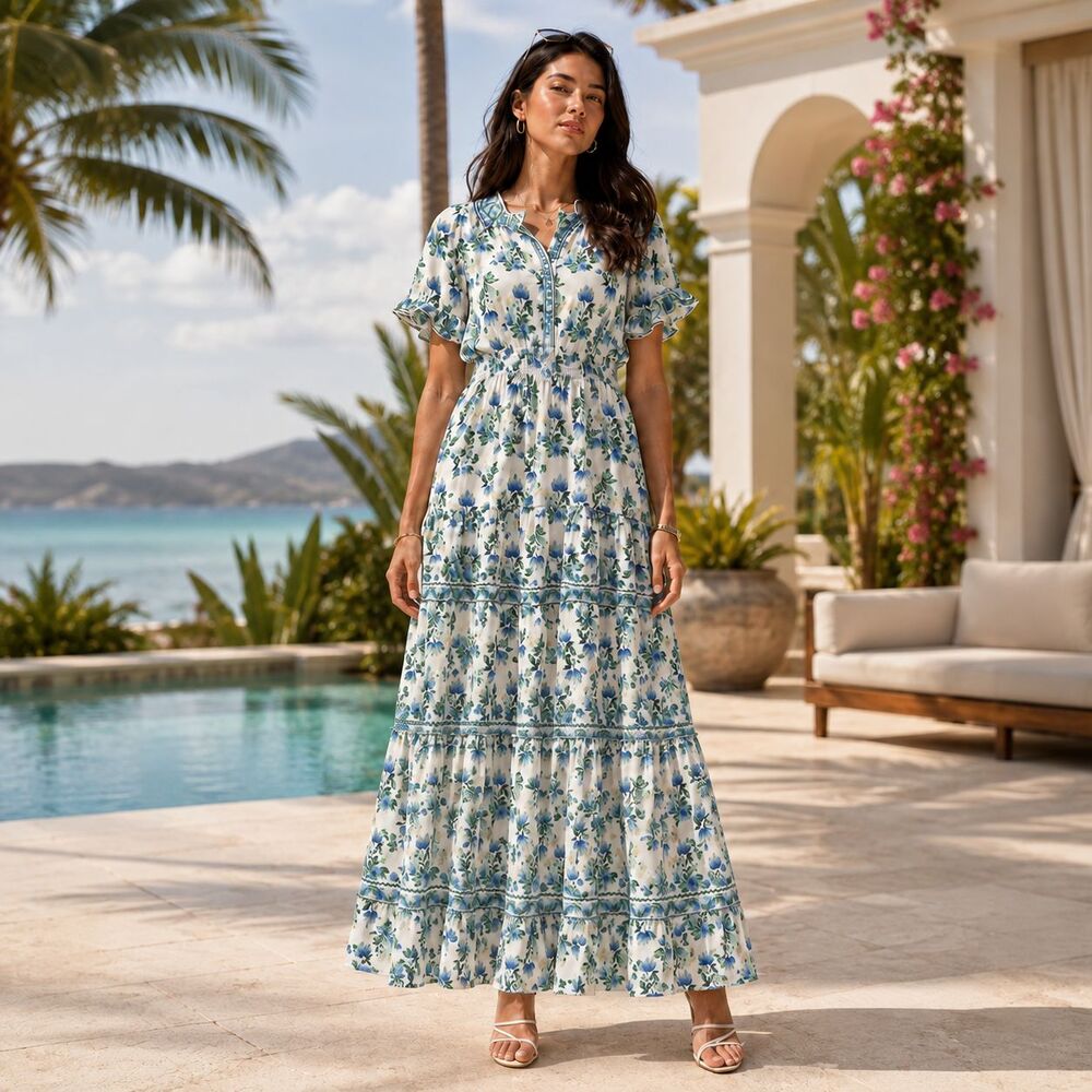 MAX STUDIOS LONDON Women's New 1X Maxi Dress Blue Green Floral Smocked 4W04D56